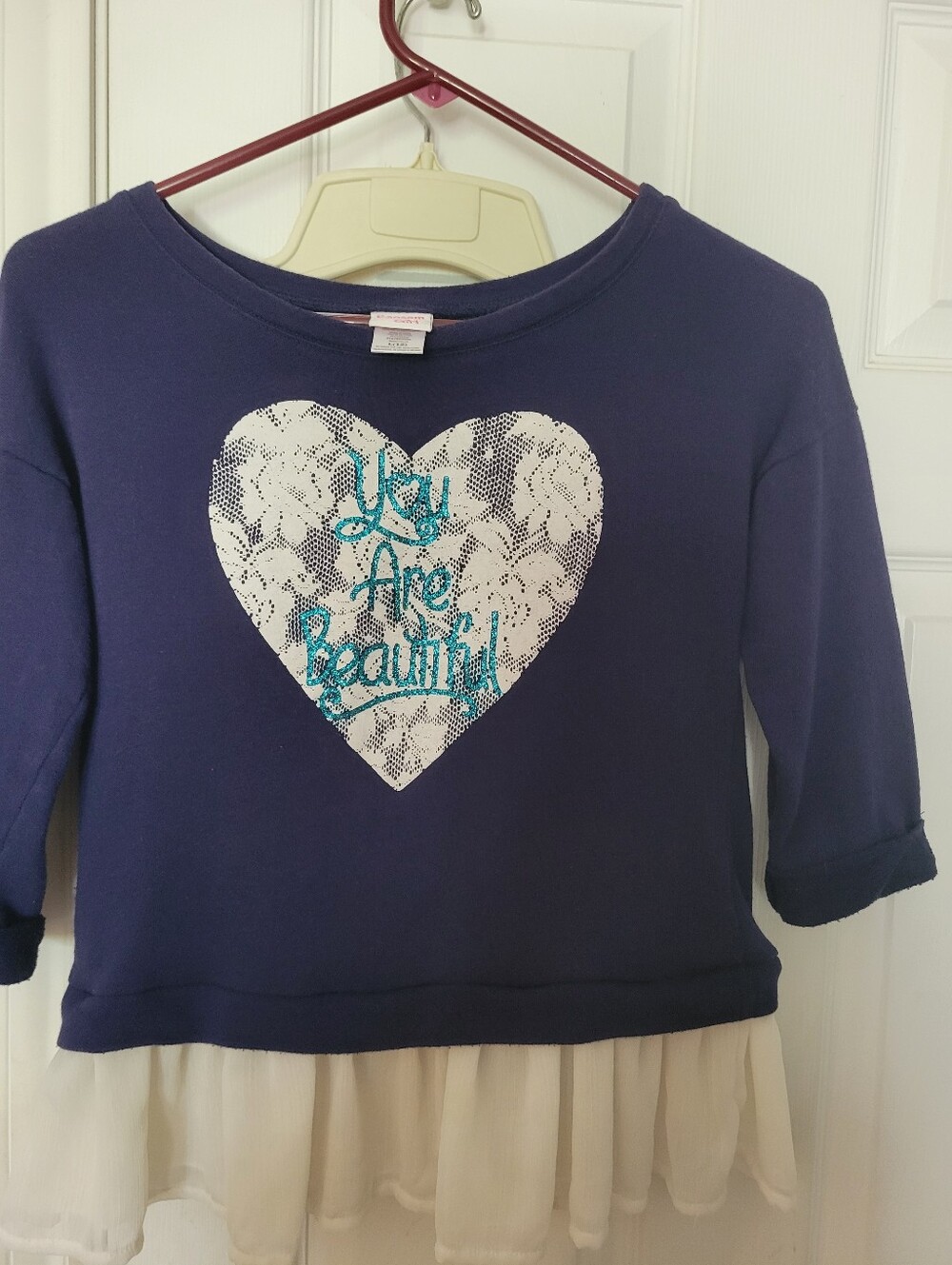 Navy Heart Graphic Top with Ivory Chiffon Hem